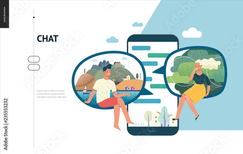 Business series, color 1 - chat - modern flat vector illustration concept of people chating in messenger and the chat app on the phone screen. Creative landing page or company support design template