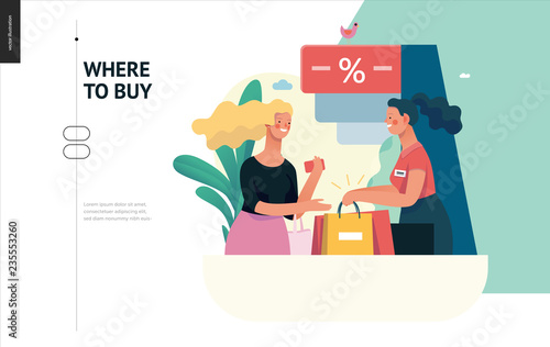 Business series, color 1 - where to buy - modern flat vector illustration concept of a customer and a shop assistant. Selling interaction and purchasing process. Creative landing page design template