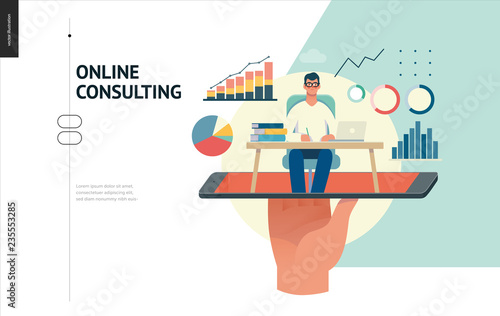 Business series, color 1 - expert online consulting -modern flat vector illustration concept of consultant online from smartphone. Consulting interaction process. Creative landing page design template