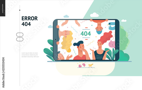 Business series, color 1- error 404 -modern flat vector concept illustration of page Error 404 - puzzled people on the tablet screen. Page not found metaphor Creative landing page design template