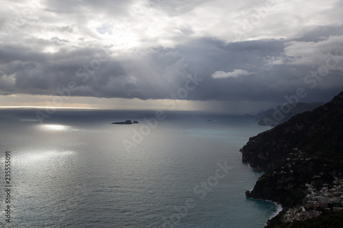 Dusk and Sunset over the Amalfi Coast near the village of Positano, Italy