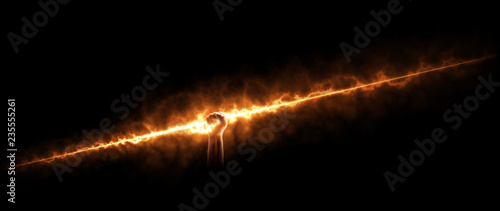 Powerful fire arrow in a strong hand. Background. Isolated