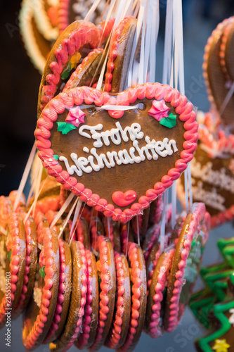 Merry Christmas gingerbread hearts at a Christmas market