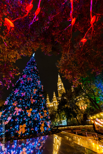 Photography Vienna Christmas Market Christkindlmarkt and Town Hall at Rathausplatz during wi