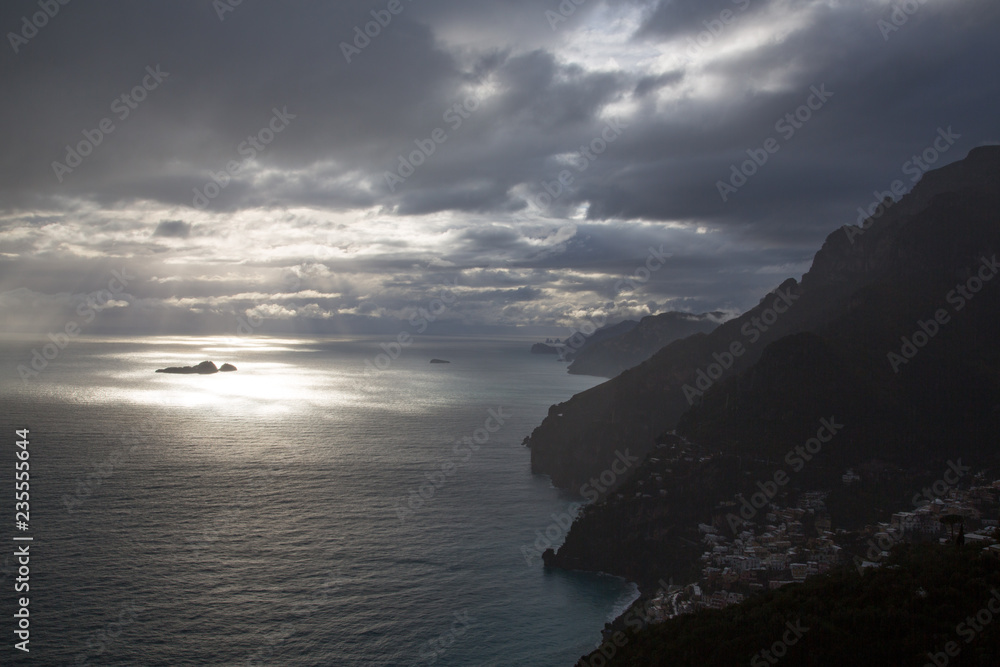 Dusk and Sunset over the Amalfi Coast near the village of Positano, Italy Dusk and Sunset over the Amalfi Coast near the village of Positano, Italy