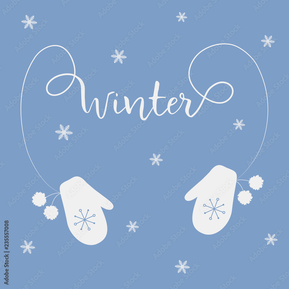 Winter greeting card. Two white mittens with pompoms and the text Winter greeting card. Two white mittens with pompoms and the text