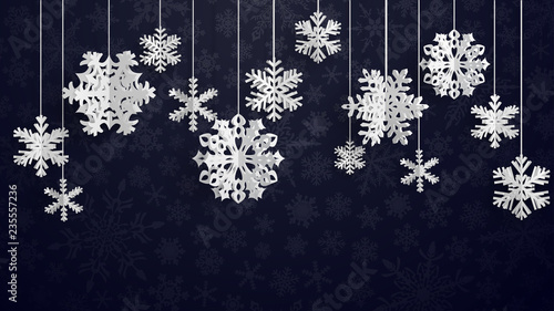 Christmas illustration with white three-dimensional paper snowflakes hanging on black background