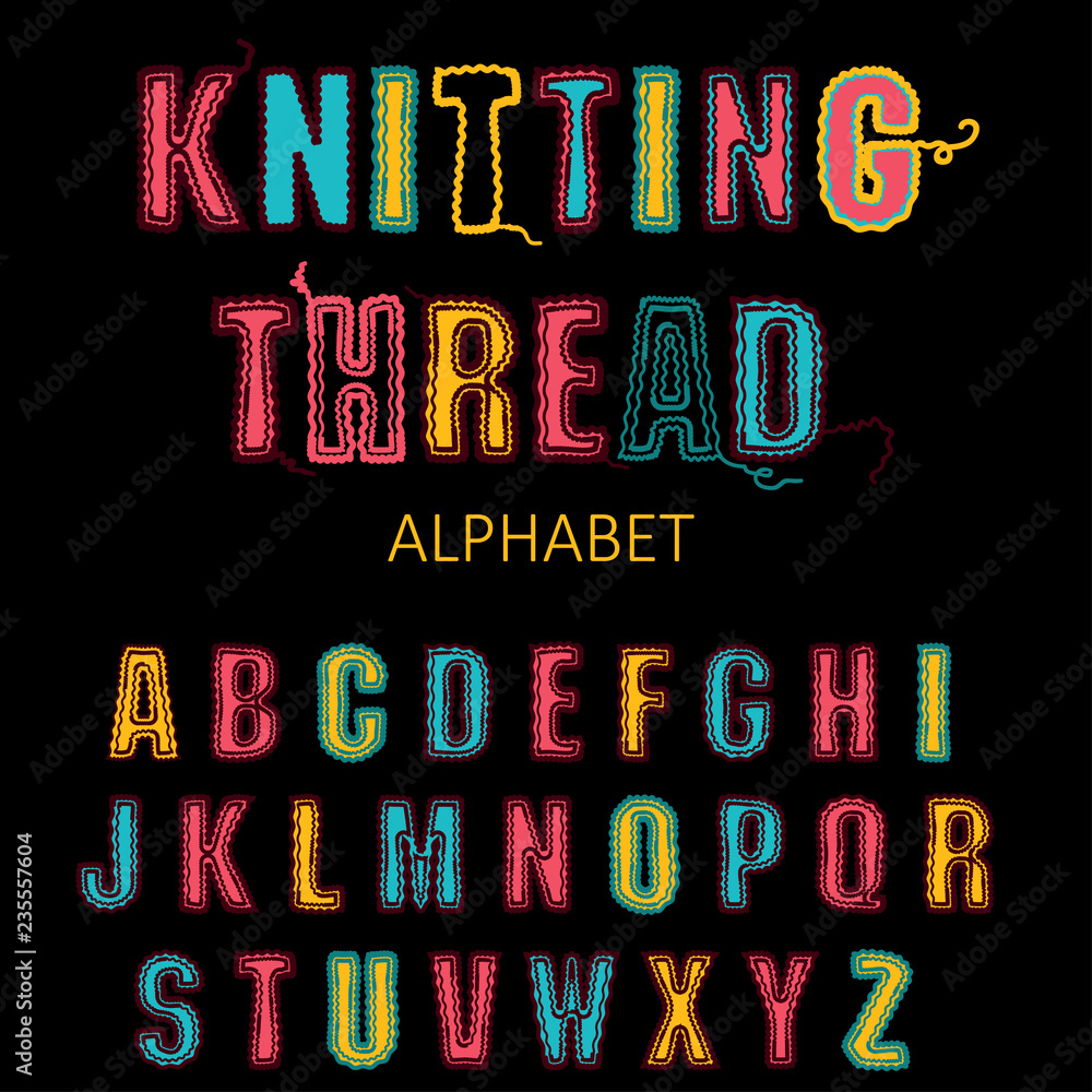 Knitting font, fairisle thread abc. Embroidered hand drawn alphabet