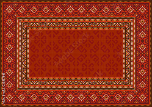 Luxury vintage oriental carpet in red shades with patterns of yellow, beige and maroon colors