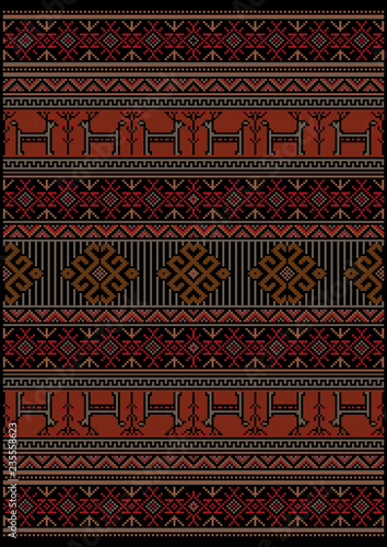 Original luxury vintage carpet from the rows with patterns in red and black colors with  deer and flowers