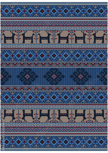 Original luxury vintage oriental rug in blue shades with deer and flowers on beige background
