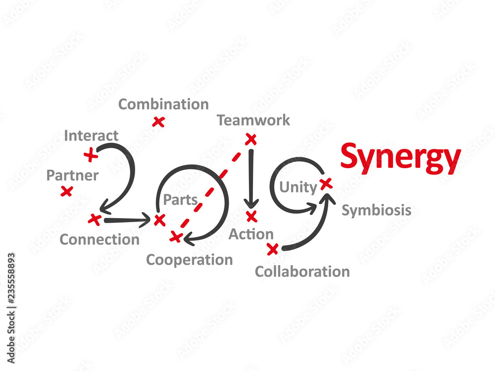 Synergy New Year 2019 word cloud red marks white background vector