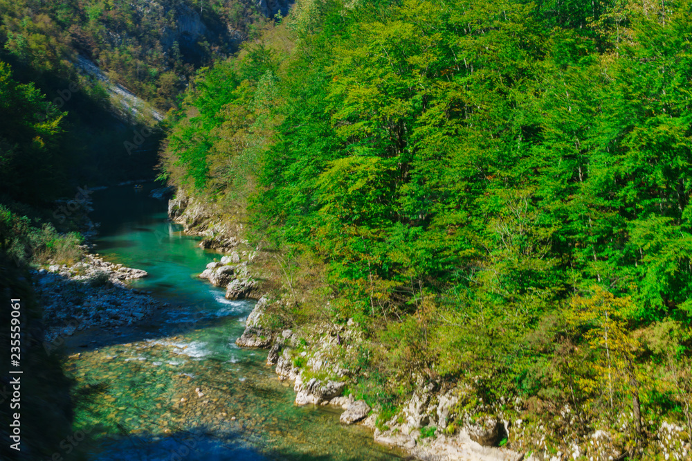 the gorge of the river Tara in Montenegro surrounded by picturesque mountains.Europe the gorge of the river Tara in Montenegro surrounded by picturesque mountains.Europe