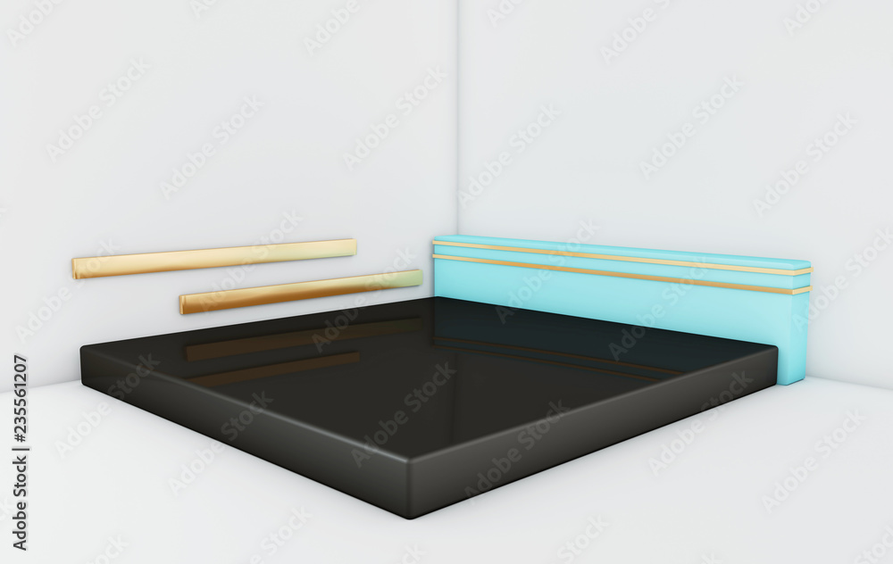 3d rendered black, gold and blue geometric shapes, podium in the room. Pastel color platforms for product presentation. Abstract composition in modern minimal design 3d rendered black, gold and blue geometric shapes, podium in the room. Pastel color platforms for product presentation. Abstract composition in modern minimal design