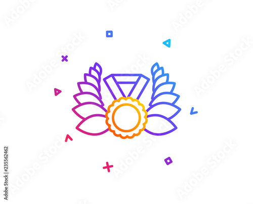 Laurel wreath line icon. Winner medal symbol. Prize award sign. Gradient line button. Laureate medal icon design. Colorful geometric shapes. Vector