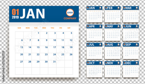 2019 calendar in paper stickers with shadow style. Blue and orange. Event planner. All size. Vector illustration