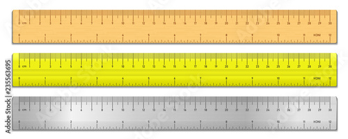 Realistic tape rulers set isolated on white. Plastic, metal and wooden double sided measurement in cm and inches. Vector illustration