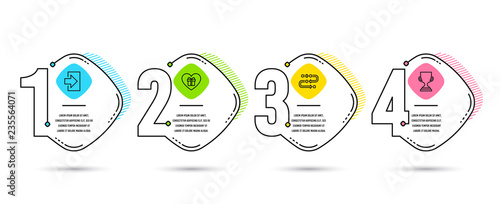 Infographic timeline set of Login, Romantic gift and Methodology icons. Award cup sign. Sign in, Surprise with love, Development process. Trophy. Process diagram, workflow timeline. Vector