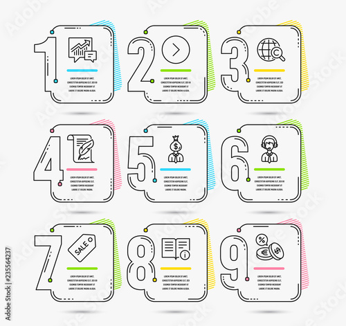 Infographic template with numbers 9 options. Set of Feather, Shipping support and Sale ticket icons. International Ð¡opyright, Manager and Technical info signs. Vector