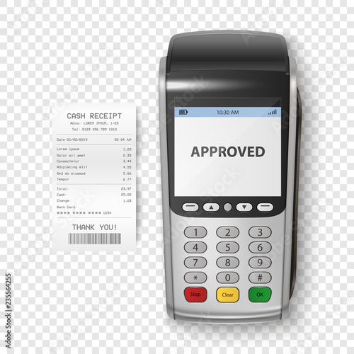 Vector Realistic Silver 3d Payment Machine. POS Terminal with Receipt Closeup Isolated. Design Template of Bank Payment Terminal, Mockup. Processing NFC payments device. Top View