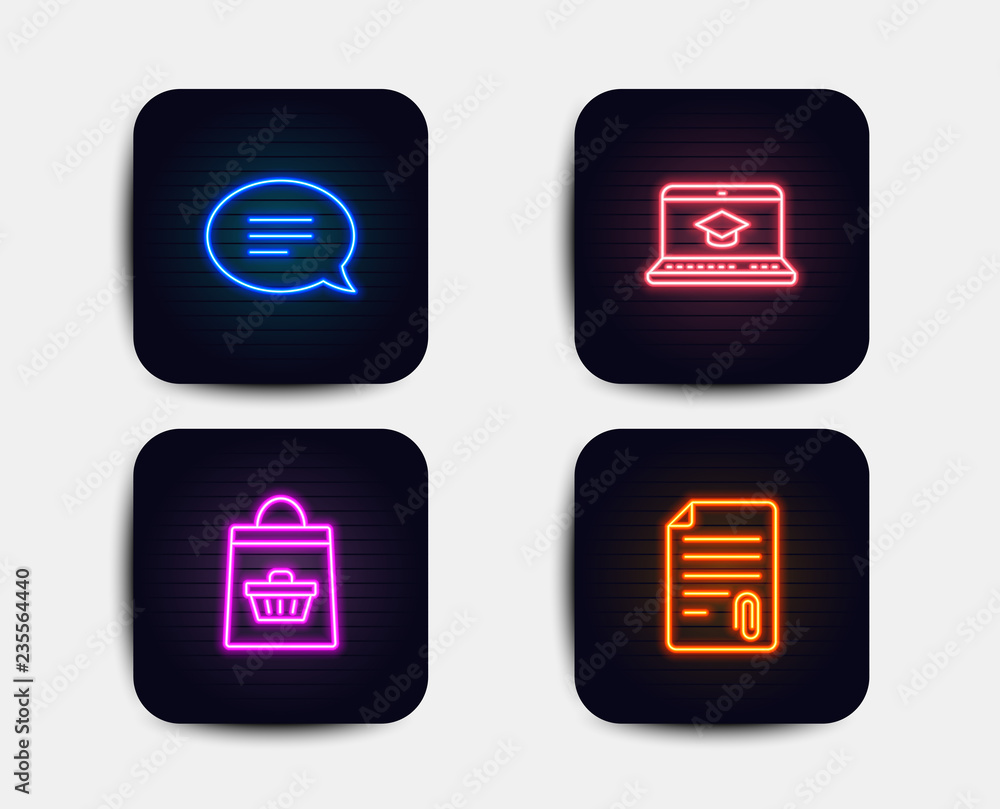 Neon set of Chat, Website education and Online buying icons. Attachment sign. Speech bubble, Video learning, Shopping cart. Attach file. Neon icons. Glowing light banners. Vector Neon set of Chat, Website education and Online buying icons. Attachment sign. Speech bubble, Video learning, Shopping cart. Attach file. Neon icons. Glowing light banners. Vector