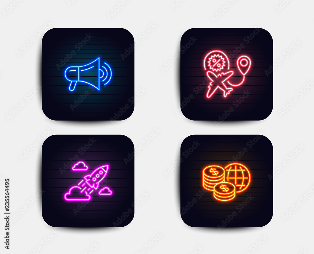 Neon set of Flight sale, Megaphone and Startup rocket icons. World money sign. Travel discount, Advertisement, Business innovation. Global markets. Neon icons. Glowing light banners Neon set of Flight sale, Megaphone and Startup rocket icons. World money sign. Travel discount, Advertisement, Business innovation. Global markets. Neon icons. Glowing light banners