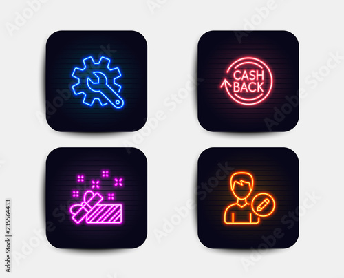 Neon set of Present, Cashback and Customisation icons. Edit person sign. Gift, Refund commission, Settings. Change user info. Neon icons. Glowing light banners. Present vector