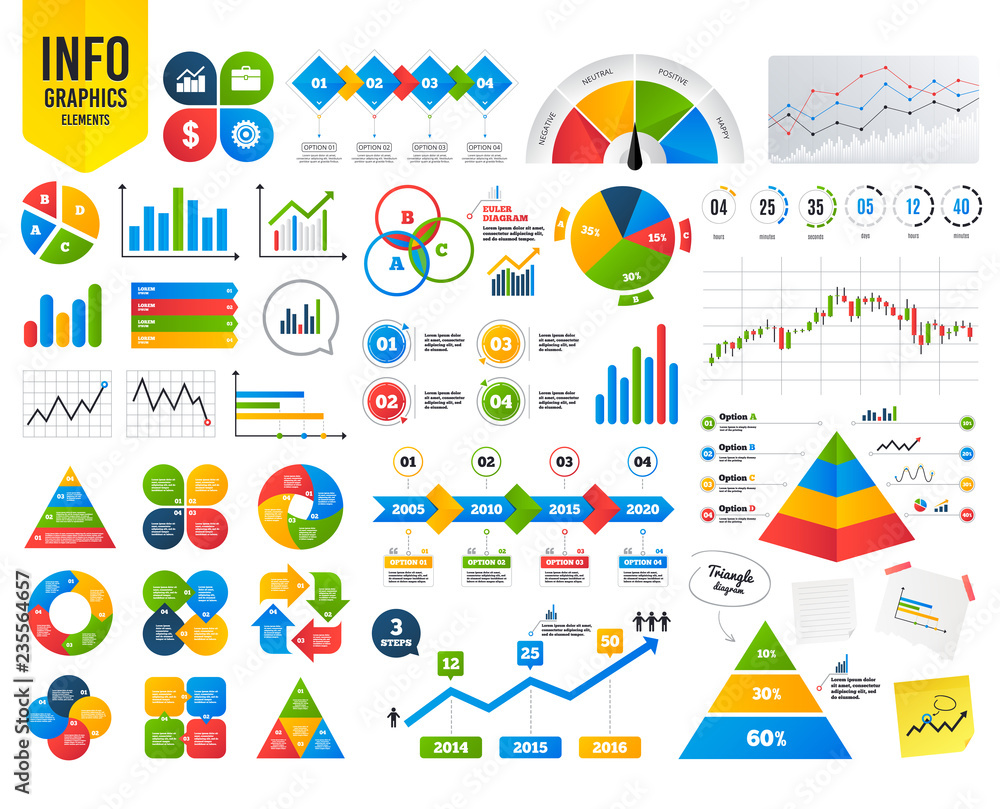 Business infographic template. Business icons. Graph chart and case signs. Dollar currency and gear cogwheel symbols. Financial chart. Time counter. Vector
