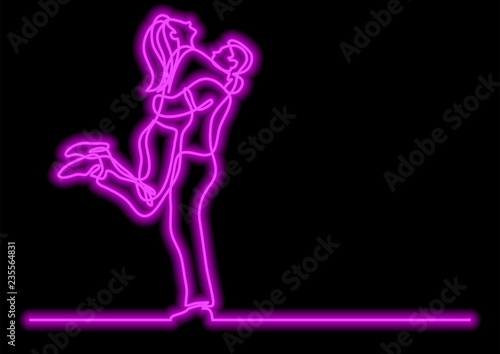 one line drawing of hugging couple with neon vector effect