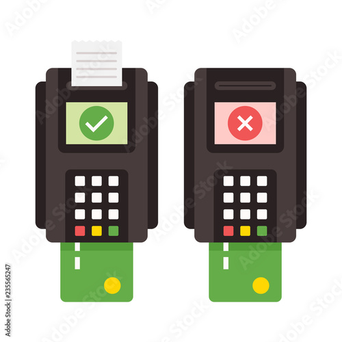 Two pos terminals with succesful payment and unsuccesful transaction. Flat design vector illustration. Plate, icon art. 