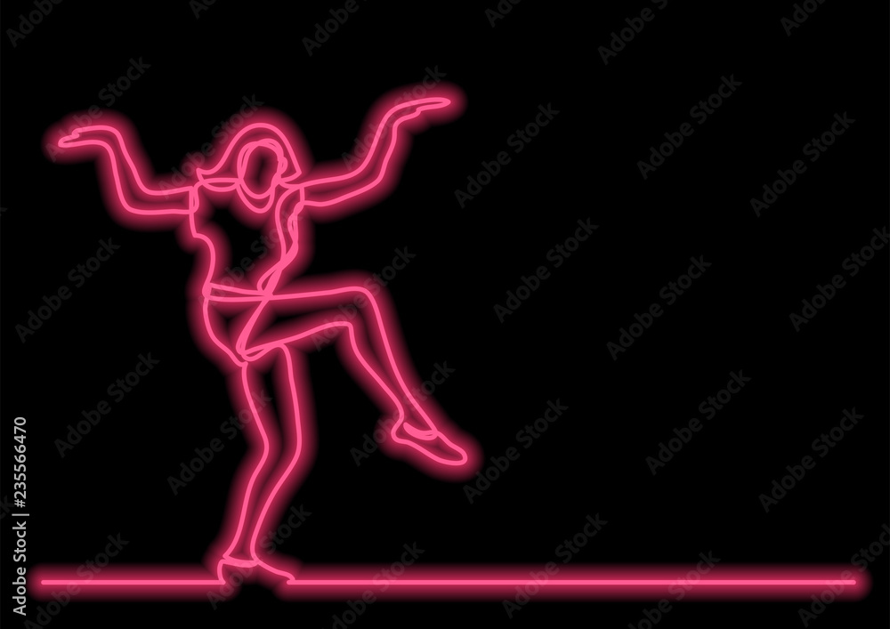 happy dancing woman - single line drawing with neon vector effect