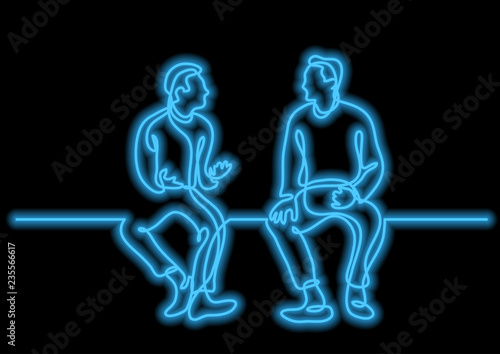 one line drawing of two sitting men talking with neon vector effect