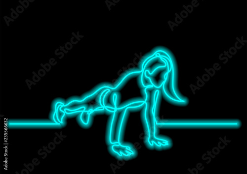 one line drawing of woman doing pushups with neon vector effect