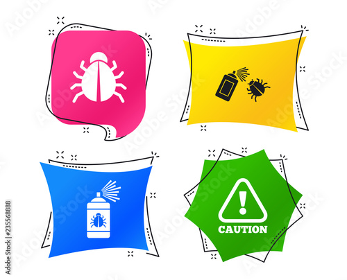 Bug disinfection icons. Caution attention symbol. Insect fumigation spray sign. Geometric colorful tags. Banners with flat icons. Trendy design. Vector