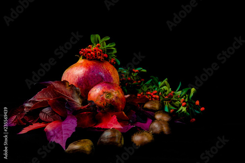 Pomegranate and chestnuts and red fruits in composition with leaves on a black background