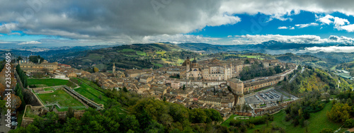 Aerial panorama of the Ducal Palace at the popular tourist destination world heritage site of Urbino in the Marche region Italy