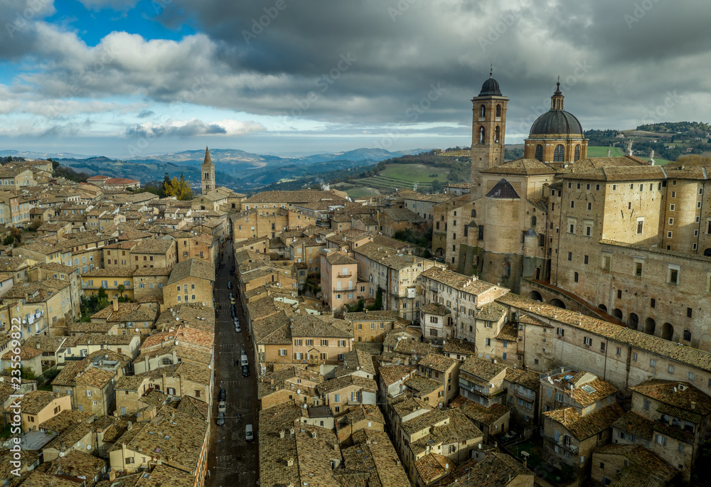 Obraz premium Aerial view of the Ducal Palace at the popular tourist destination world heritage site of Urbino in the Marche region Italy