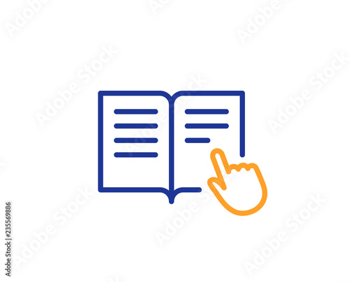 Instruction Book line icon. Education with hand pointer symbol. E-learning sign. Colorful outline concept. Blue and orange thin line color icon. Read instruction Vector