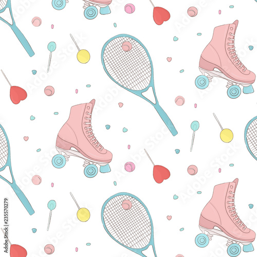 Doodle roller and tennis racket cool modern texture.  Happy teen lollipop and sweets pattern. Hobby childhood sports lifestyle print. 