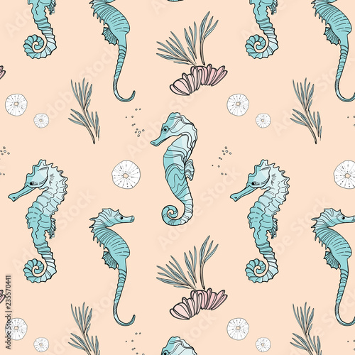 Vector seahorse animals pattern. Surface cover with cute underwater marine fish. Ocean life summer background. Doodle Art.