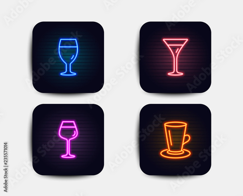 Neon set of Martini glass  Bordeaux glass and Teacup icons. Wine  Brewery beverage  Tea or latte. Neon icons. Glowing light banners. Vector