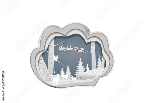 winter season and merry christmas with the animal in the forest, paper art and craft style.