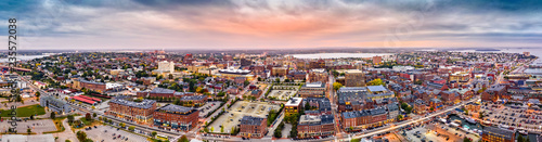 Aerial panorama of downtown Portland  Maine at dusk