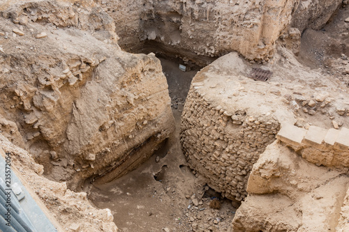 Prime plan Neolithic tower nine meters from the archaeological site Tell es Sultan. Palestinian Jericho