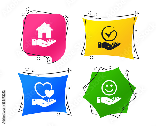 Smile and hand icon. Heart and Tick or Check symbol. Palm holds house building sign. Geometric colorful tags. Banners with flat icons. Trendy design. Vector