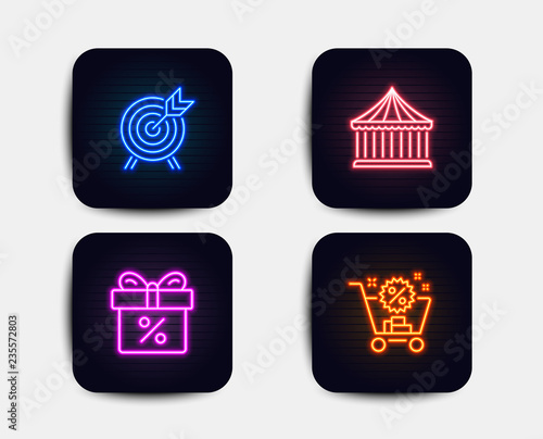 Neon set of Archery, Carousels and Discount offer icons. Shopping cart sign. Attraction park, Gift box, Discount. Neon icons. Glowing light banners. Vector