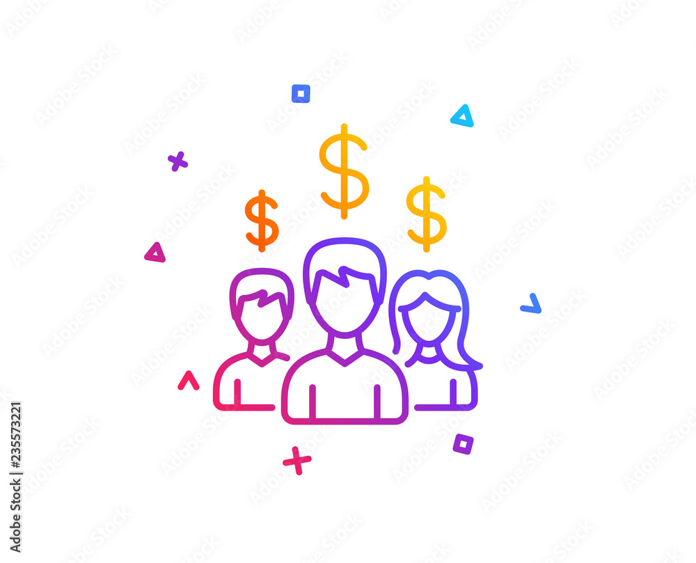 Business networking line icon. Group of people with Dollar signs. Gradient line button. Salary employees icon design. Colorful geometric shapes. Vector Business networking line icon. Group of people with Dollar signs. Gradient line button. Salary employees icon design. Colorful geometric shapes. Vector