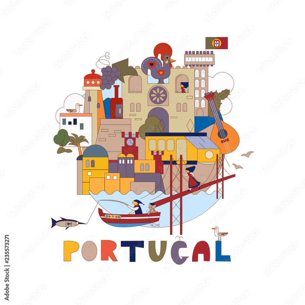 Naklejka premium Portugal. Map of attractions of Lisbon. Historical and cultural. Tourism, travel