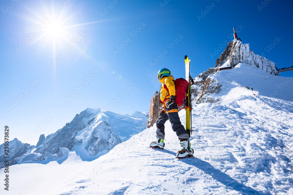A skier is standing on the mountain top.