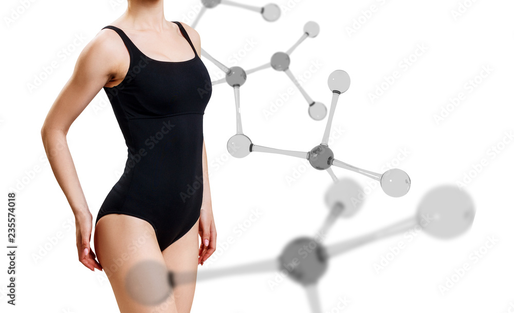Fototapeta premium Woman with perfect body in swimsuit near glass molecule chain.